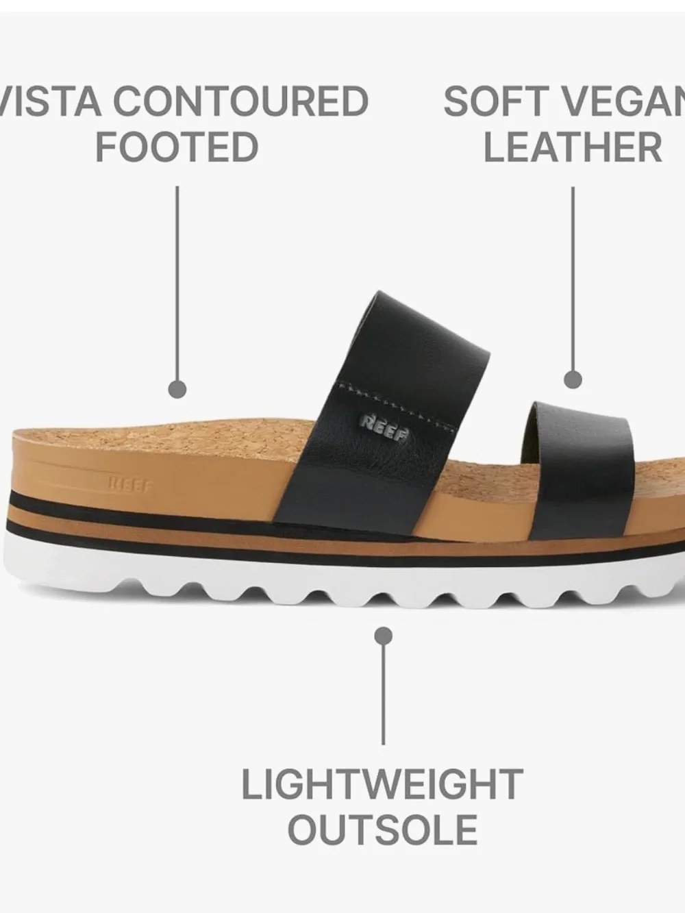 Reef Women’s Black Dual-Strap Cork Slide Sandals with White Outsole,cushion soul